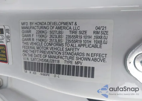 2021 Acura Rdx Technology Package z USA, uszkodzony, nr VIN 5J8TC2H5XML028118